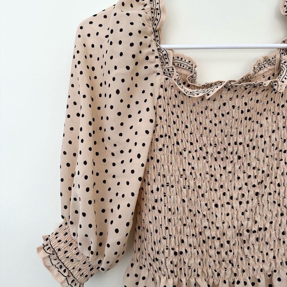 Max Studio Puff Sleeve Smocked Polka Dot Blouse Light Pink Nude
